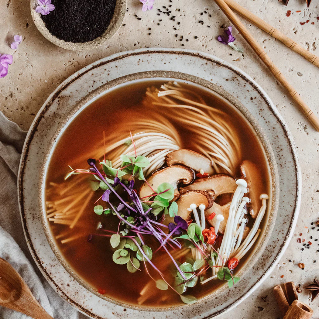 Noodle soup with mushrooms and herbs in a rustic bowl on a textured surface.