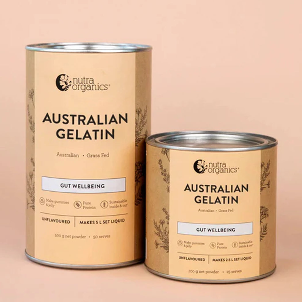 Two tins of Nutra Organics Australian Gelatin on a beige background