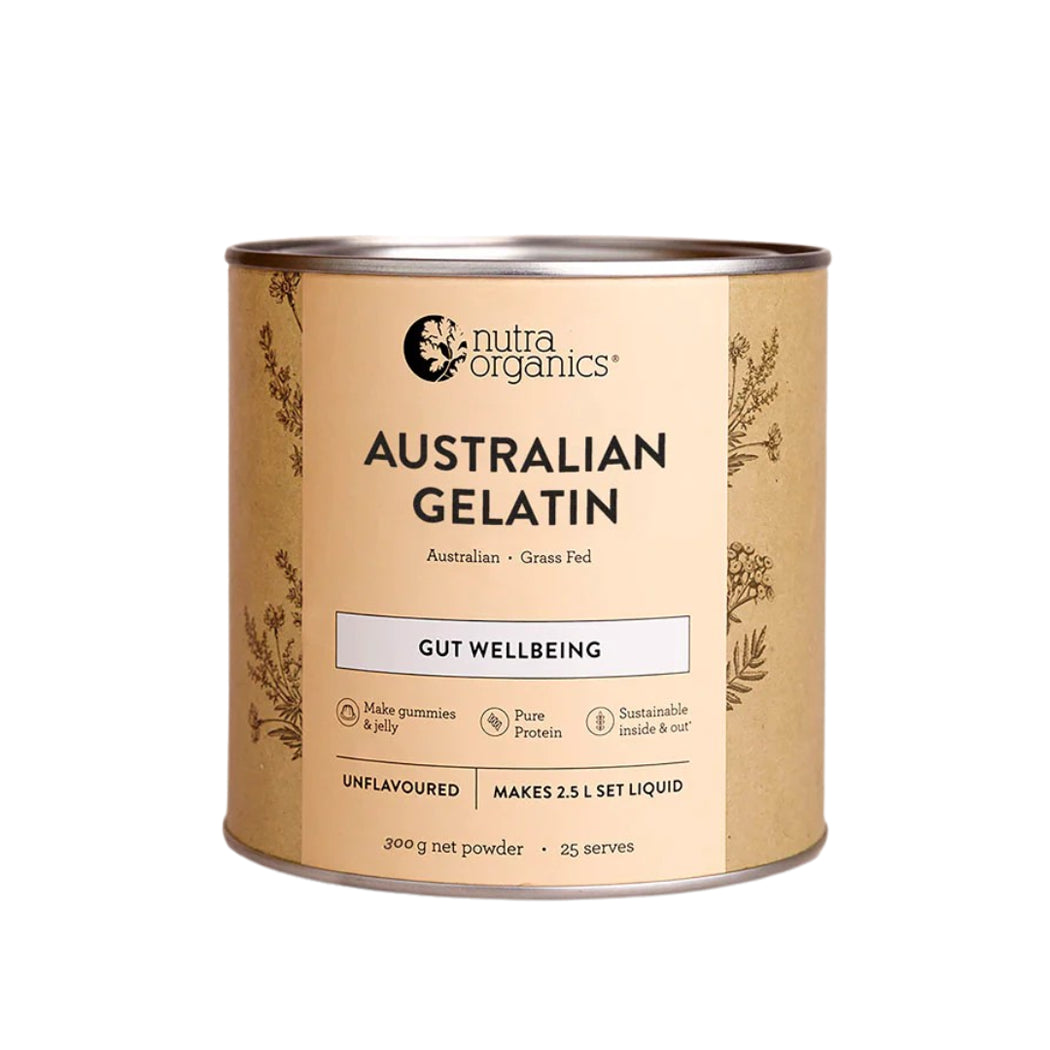 Can of Nutra Organics Australian Gelatin on a white background