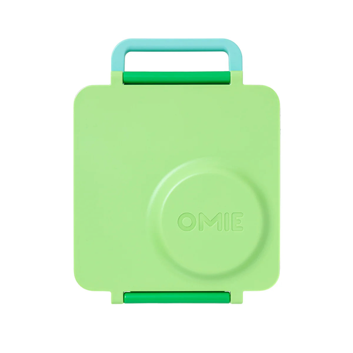 Green lunch box with a handle on a white background