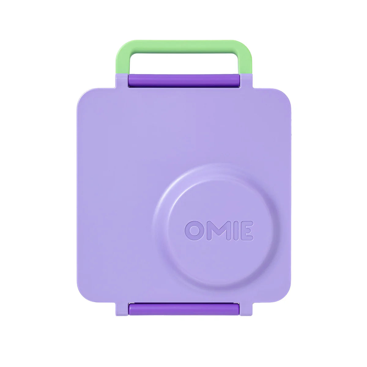 Purple snack container with green handle on a white background