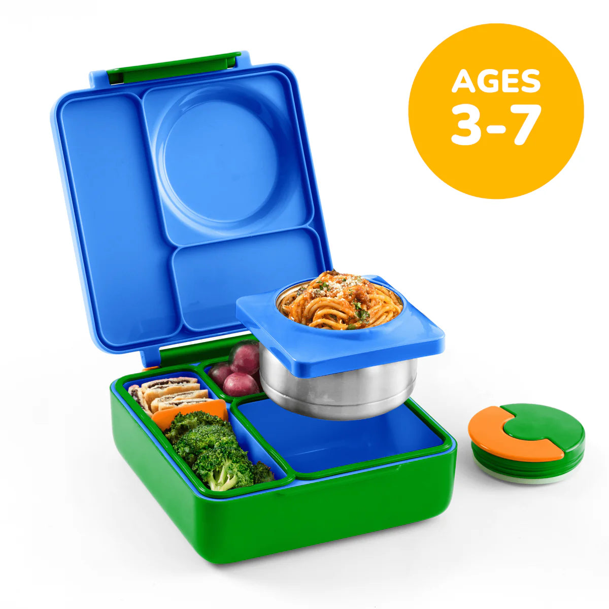 Colorful bento box with food compartments and a small container on a white background, labeled for ages 3-7.
