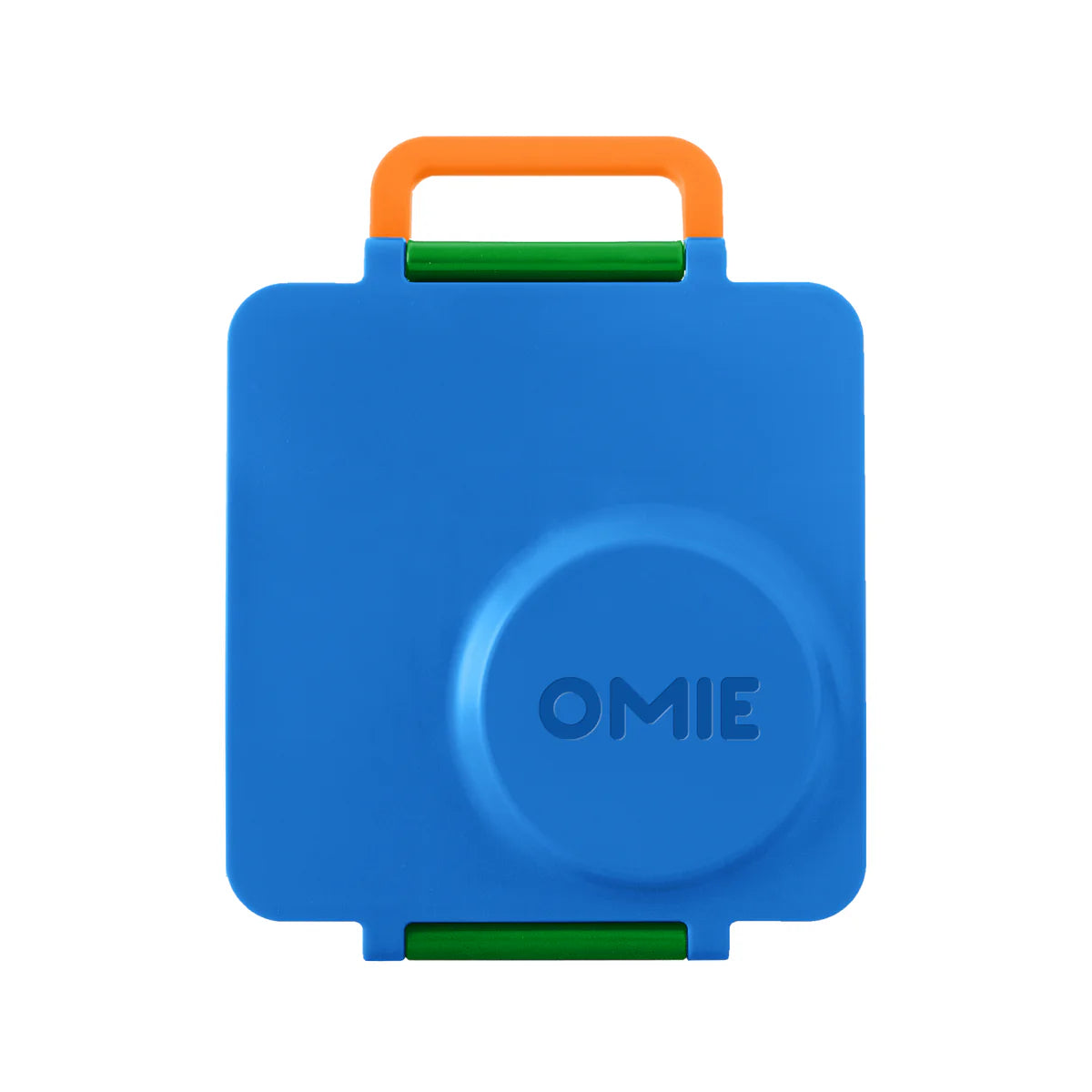 Blue container with an orange handle and green base on a white background