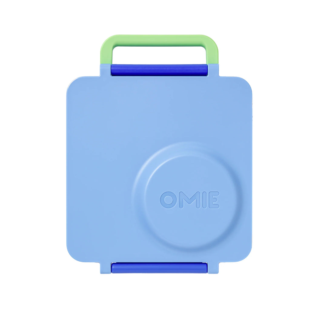 Blue snack container with green handle and blue base on a white background