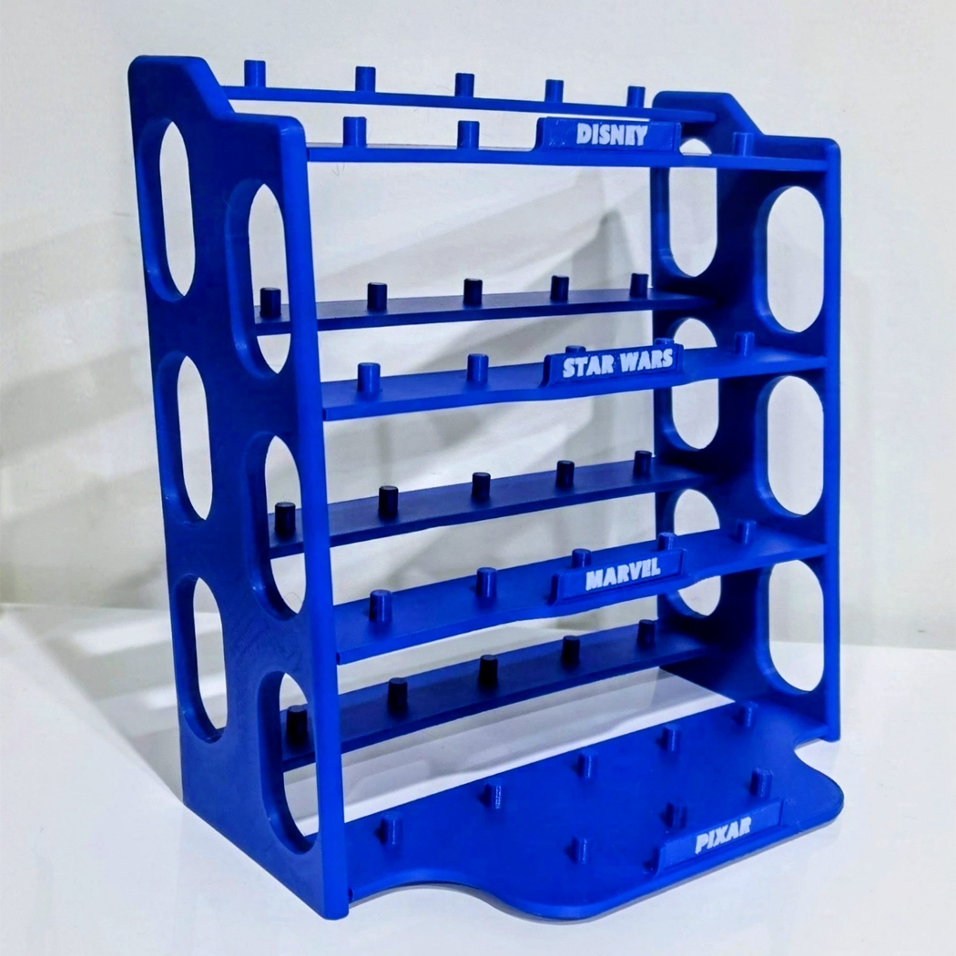 A blue plastic Ooshie Display Stand with Disney Star Wars Marvel Pixar movie poster rack with five shelves, shown on a white background.