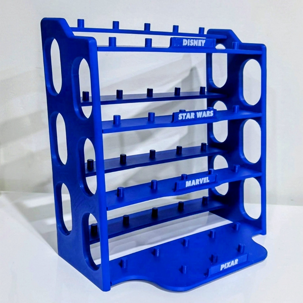 A blue plastic Ooshie Display Stand with Disney Star Wars Marvel Pixar movie poster rack with five shelves, shown on a white background.