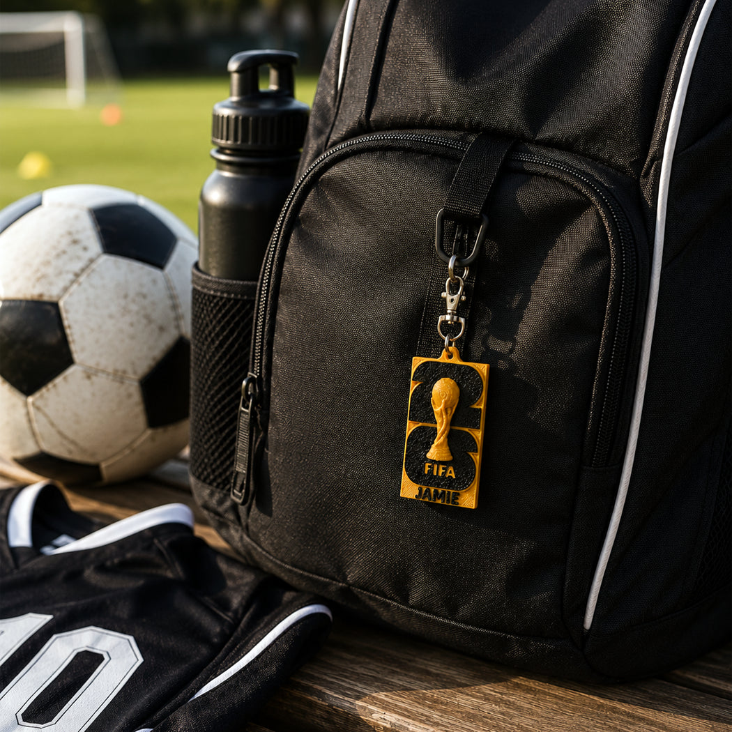 A black sports backpack on a wooden table with a soccer ball, water bottle, and sports jersey nearby. The backpack has a keychain charm hanging from the front pocket.