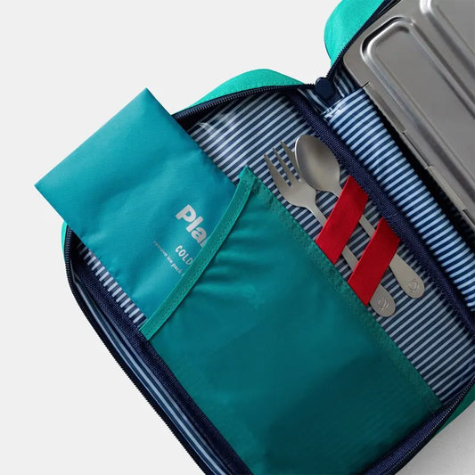 An open teal and navy insulated lunch bag with a striped interior, holding a stainless steel lunchbox, silver cutlery, and a folded teal pouch printed with the brand name 'Pleasant'.