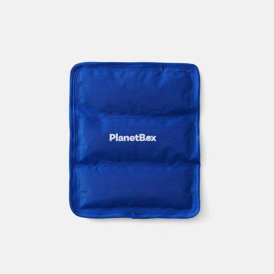 Blue insulated bag with 'PlanetBox' logo on a light gray background