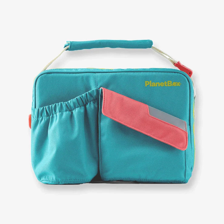 Teal lunch bag with pink pocket and 'PlanetBox' branding on a white background