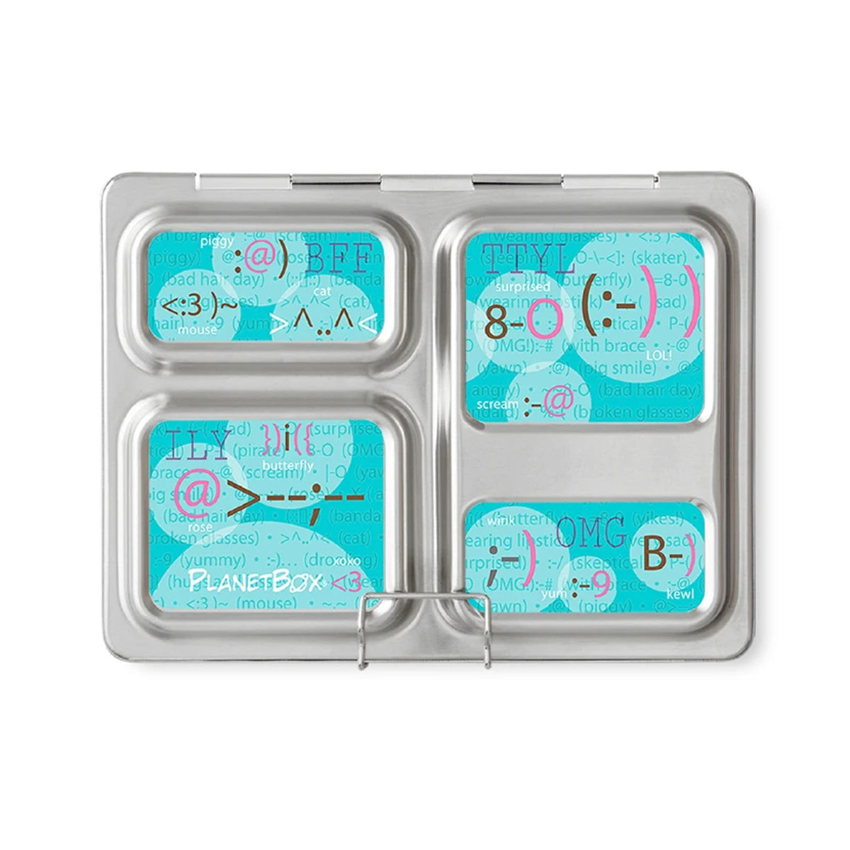 Four-section snack tray with teal labels featuring emoticons and text on a white background