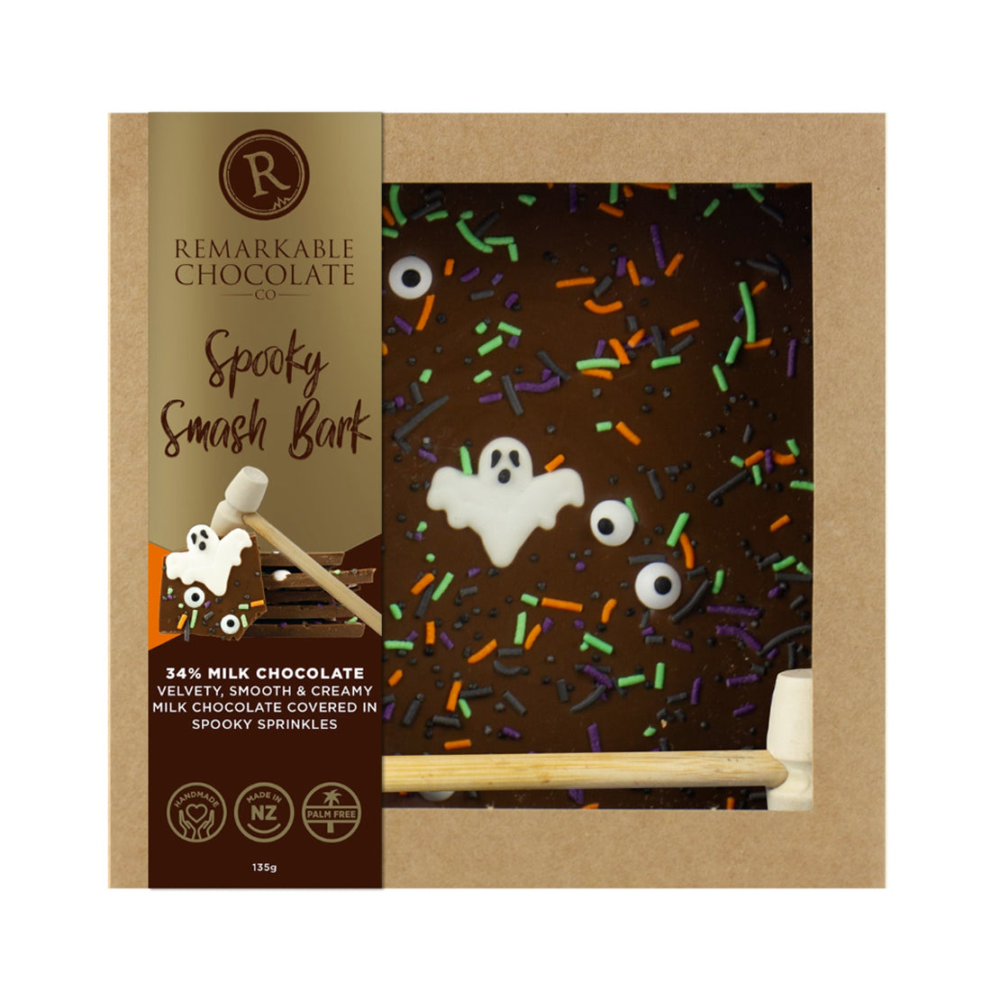 Packaging of Remarkable Chocolate Spooky Smash Bark with Halloween-themed design.