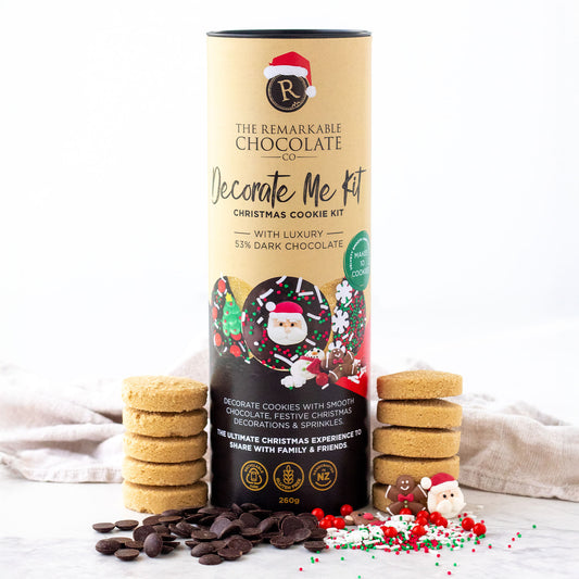 Decorate Me Kit Christmas Cookie Kit with chocolate and sprinkles on a white background