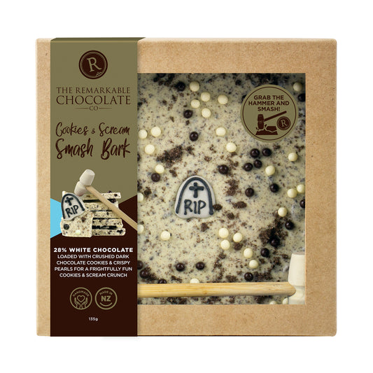 Bark packaging with 'The Remarkable Chocolate Co' branding and product details.