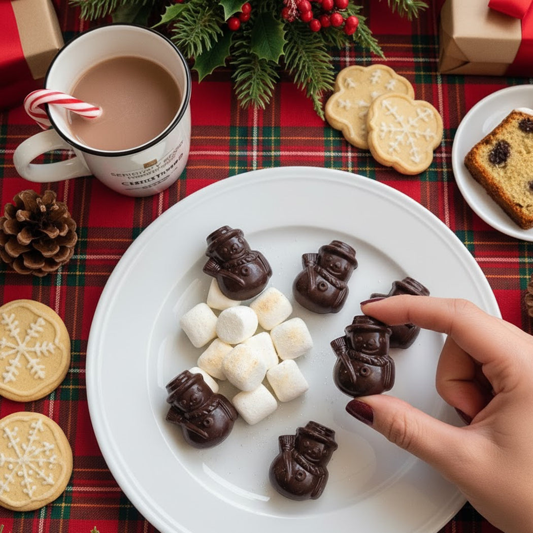 Chocolate snowmen with marshmallows on a plate with a cup of hot chocolate and cookies on a plaid tablecloth.