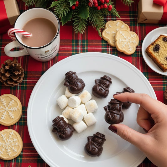 Chocolate snowmen with marshmallows on a plate with a cup of hot chocolate and cookies on a plaid tablecloth.