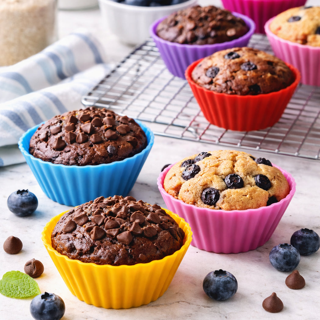 Assorted muffins in colorful silicone cups on a marble surface with blueberries scattered around.