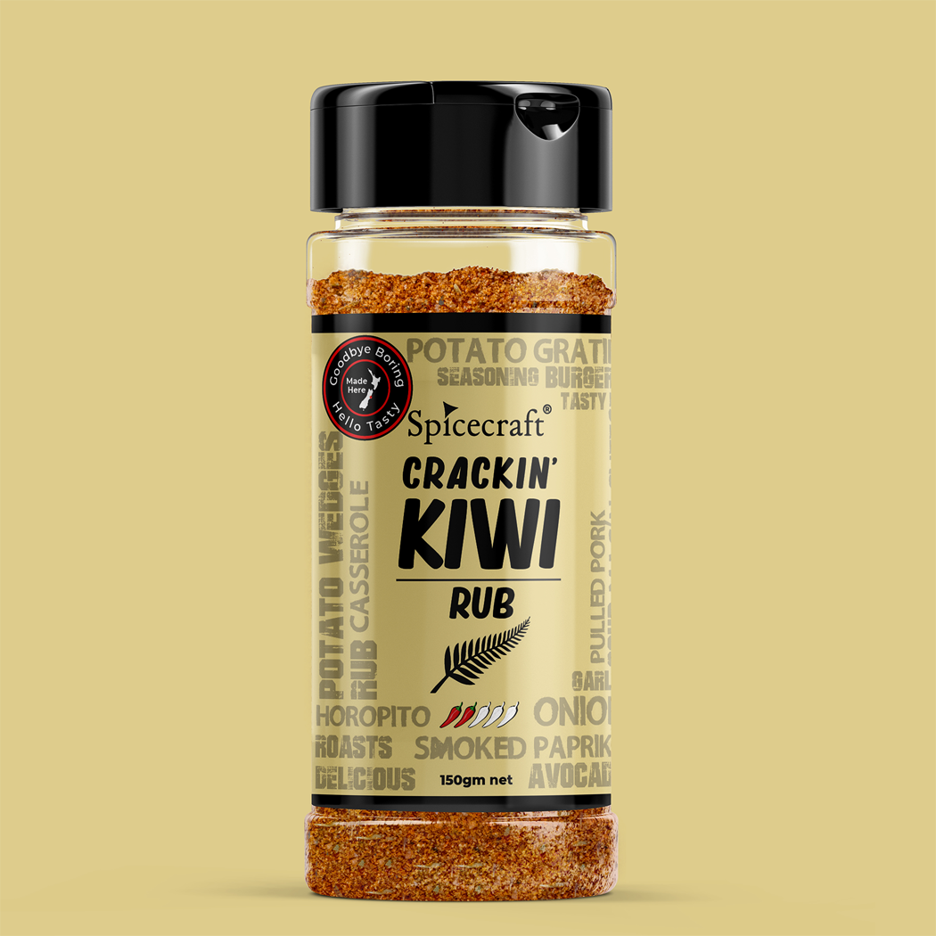 Spicecraft Crackin' Kiwi Rub seasoning bottle on a beige background