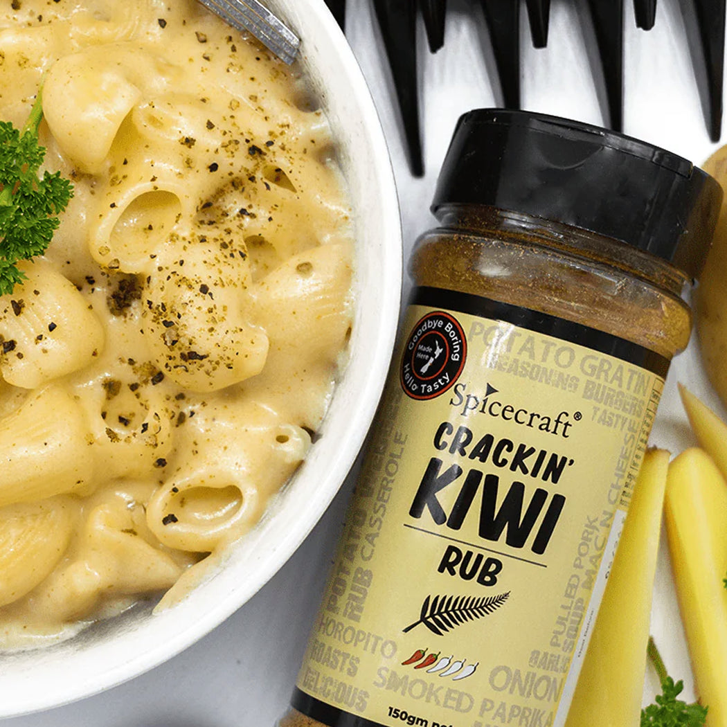 Spicecraft Crackin' Kiwi Rub next to a bowl of macaroni and cheese