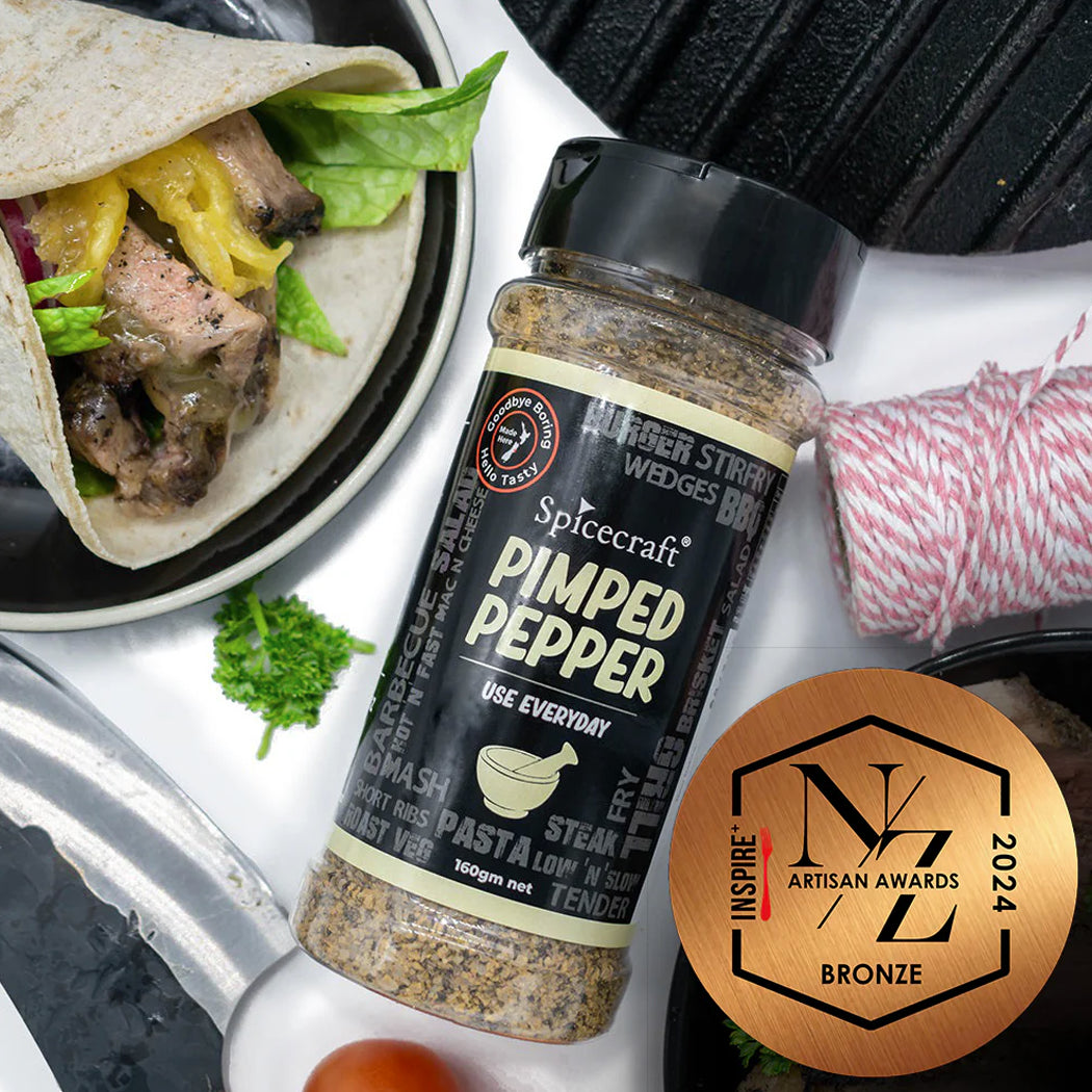 Spicecraft pimped pepper spice jar with a taco and grill in the background, featuring an NZL Artisan Awards bronze badge.