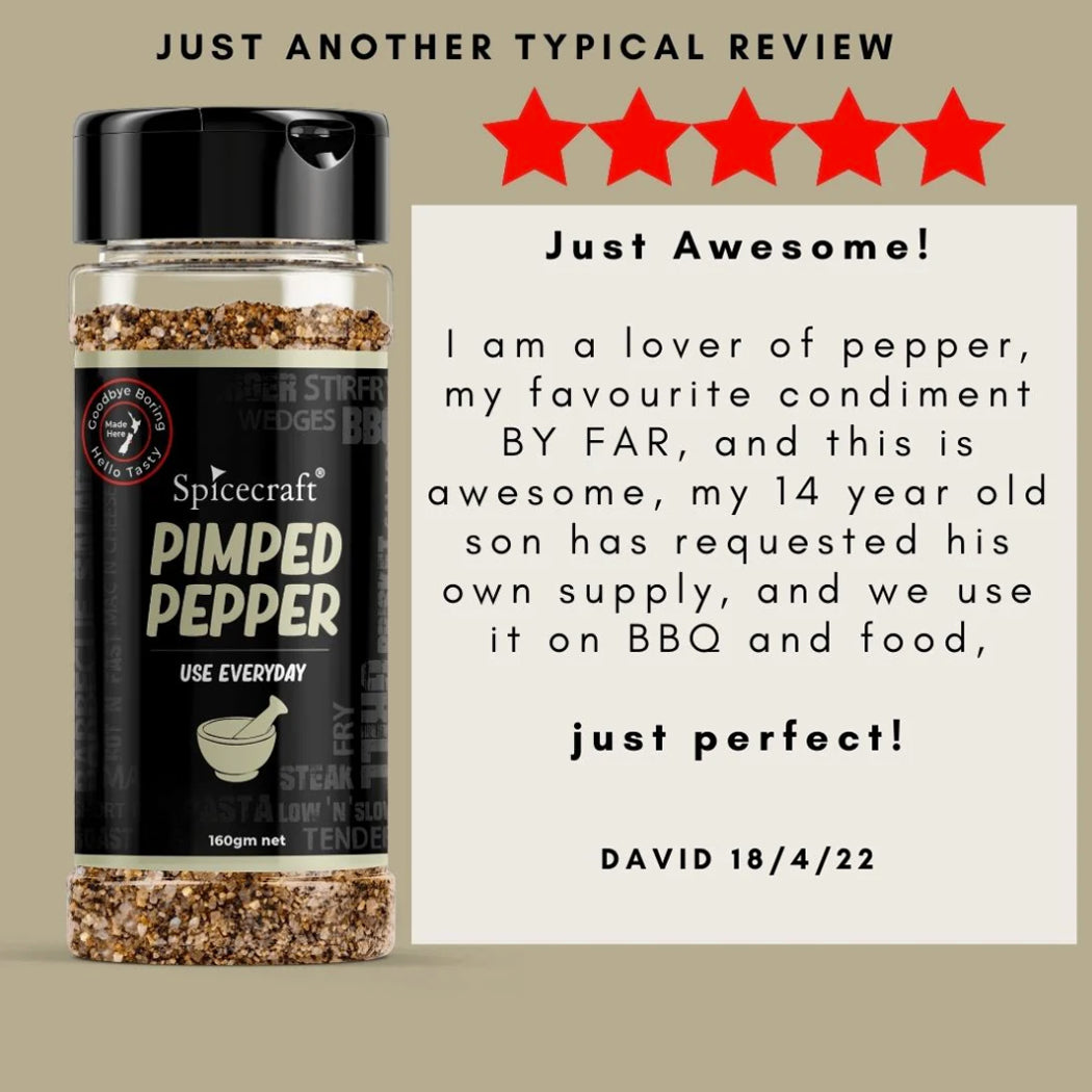 Spicecraft pimped pepper jar with a five-star review on a beige background