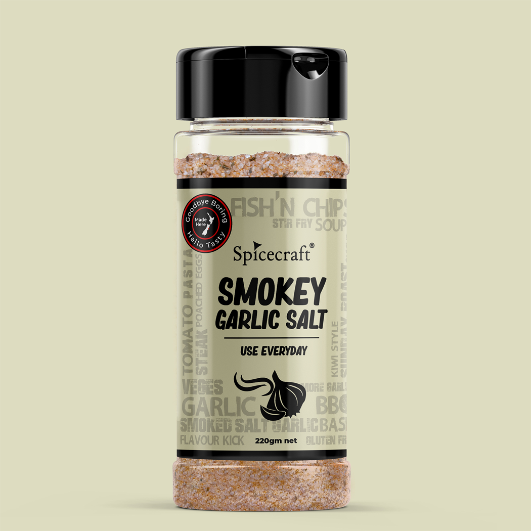 Spicecraft Smokey Garlic Salt container on a beige background