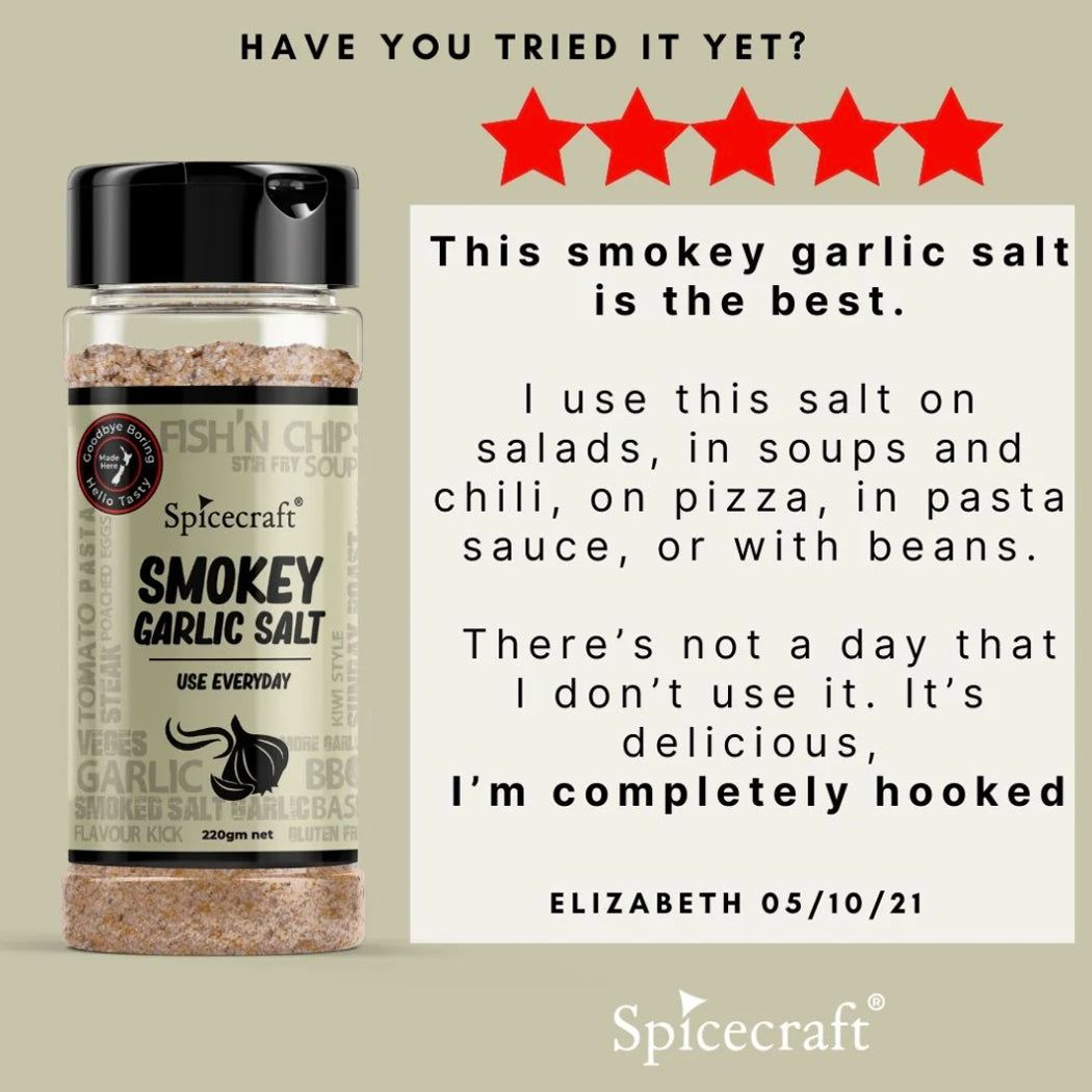 Spicecraft Smokey Garlic Salt bottle with customer review on a beige background