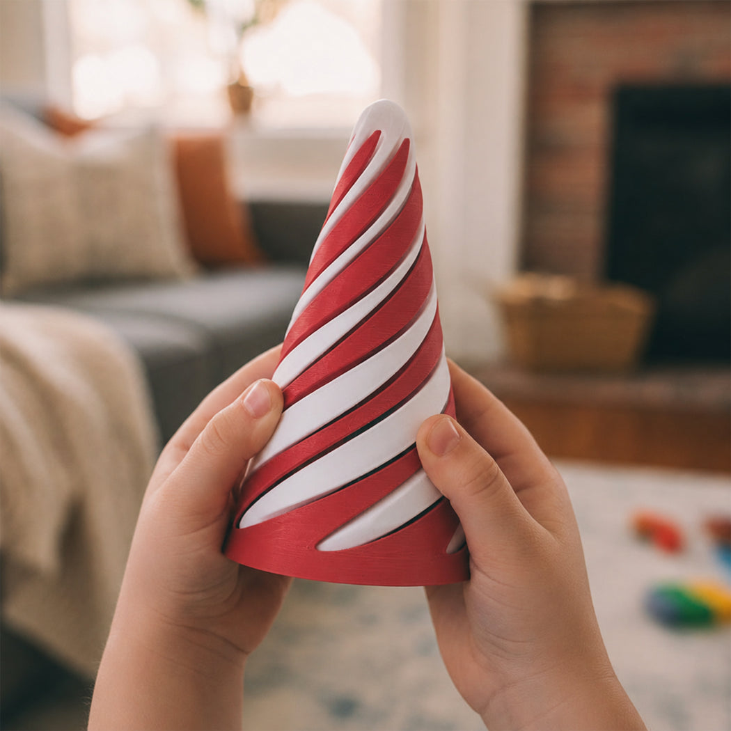 A child's hands holding a red and white spiral cone-shaped party hat in a cozy, softly blurred living room setting.