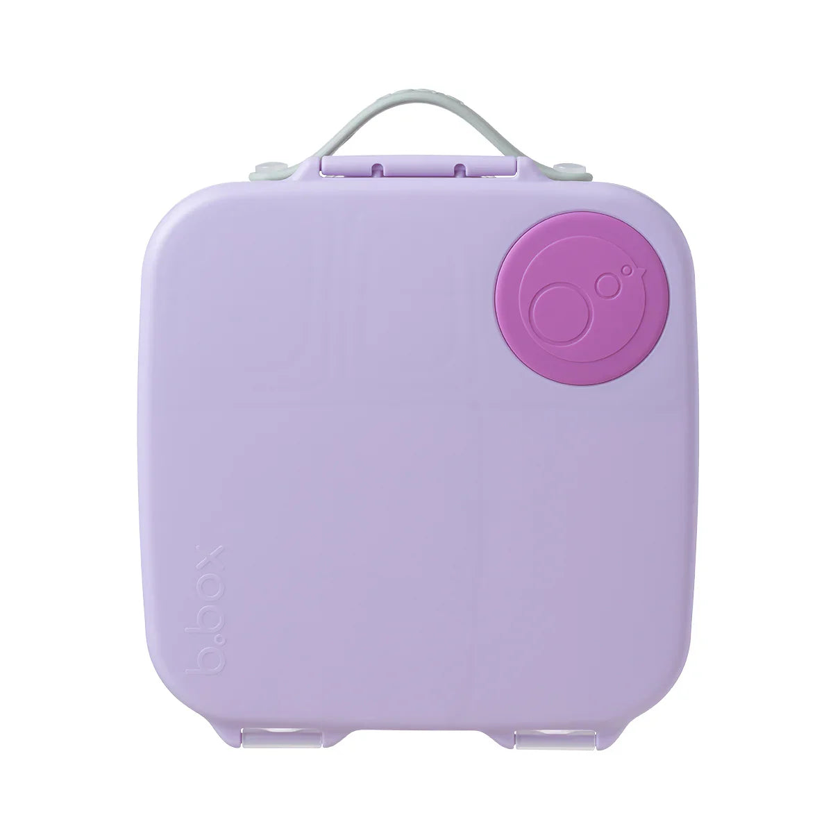 Purple lunchbox with a pink circular handle and logo on a white background