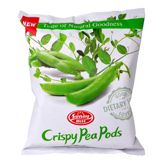 Bag of Sunny Hill Crispy Pea Pods with green peas and brand logo on a white background