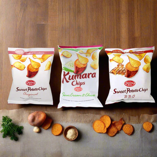 Three packages of Kumara Chips on a white background
