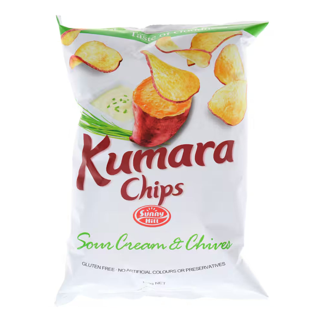 Kumara Chips packaging with sour cream and chives flavor on a white background
