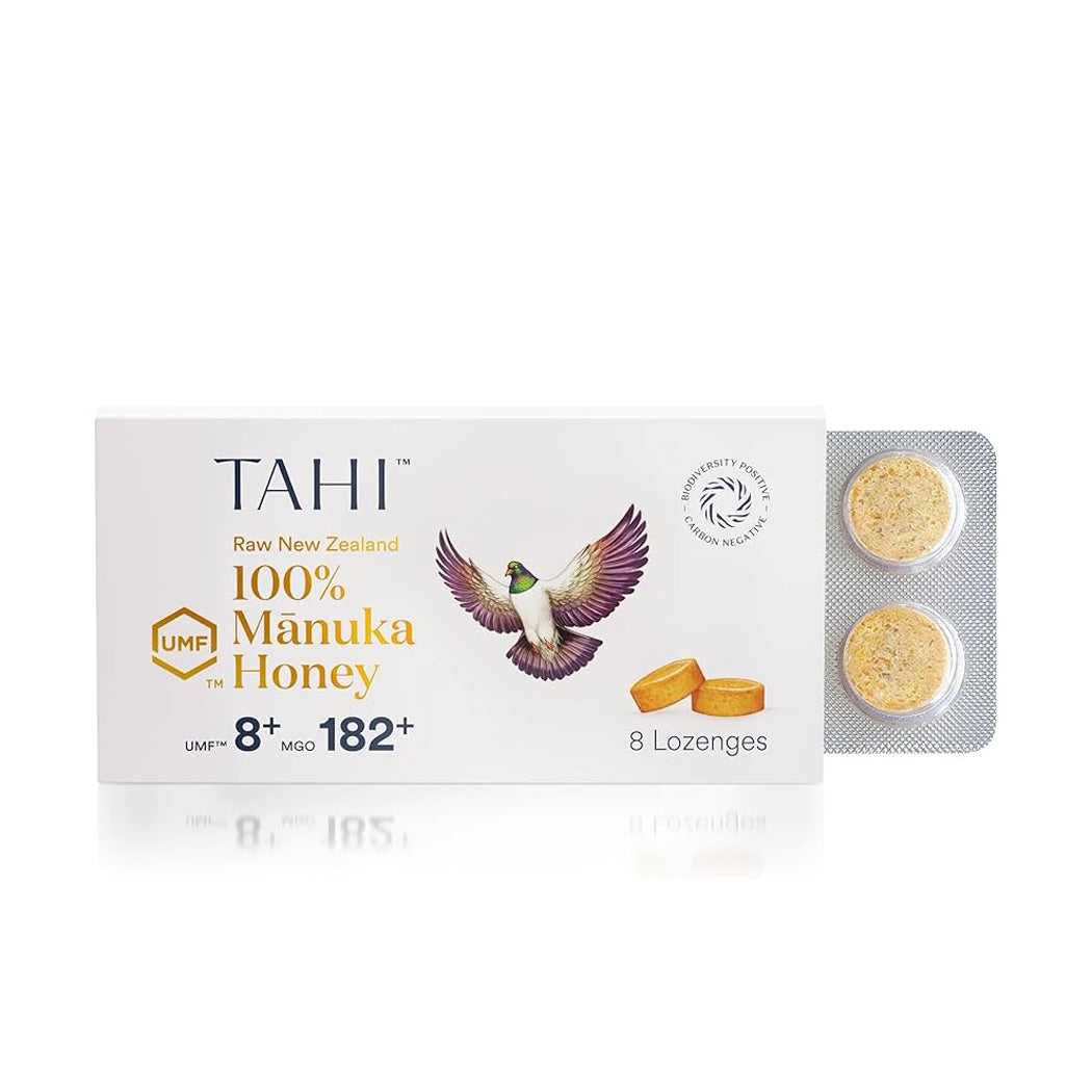 Box of Tahi 100% Manuka Honey lozenges with honeycomb design on a white background