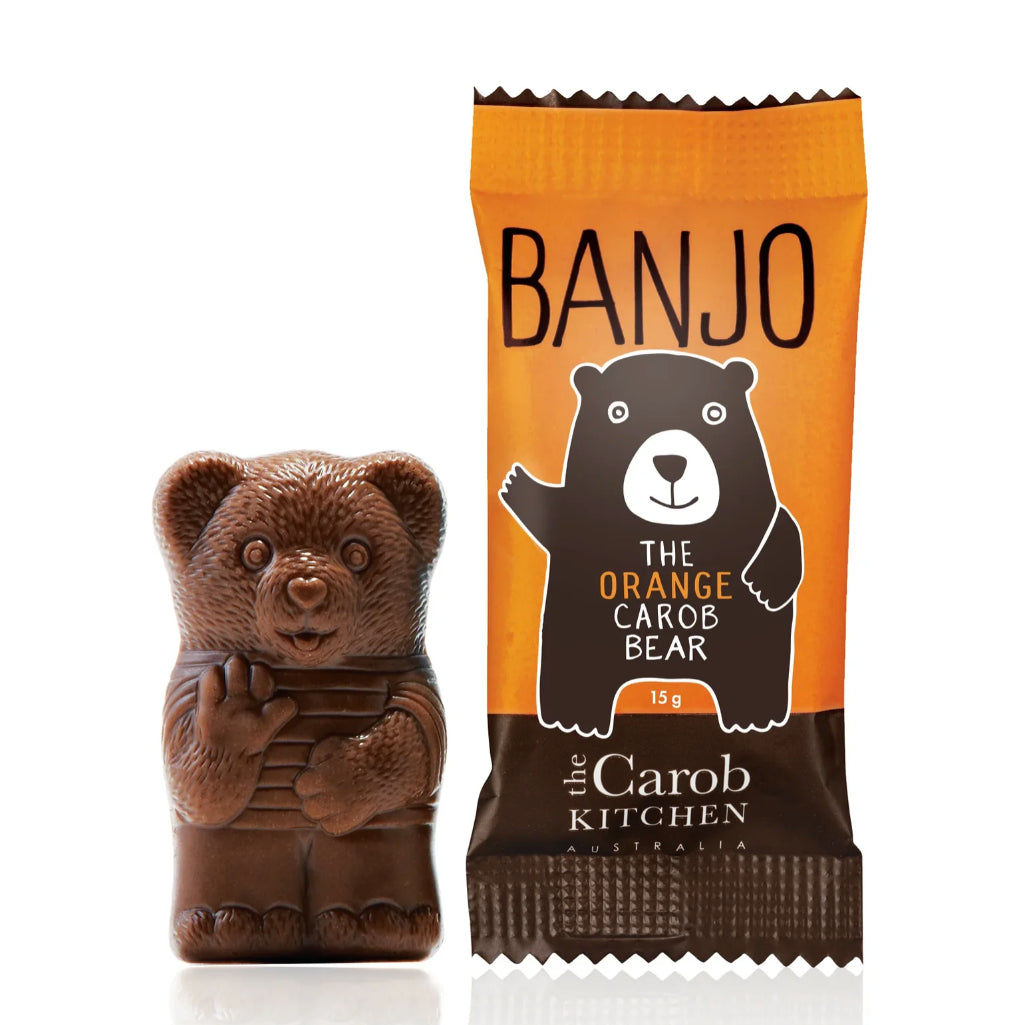 Carob bear and its packaging with 'Banjo' branding on a white background