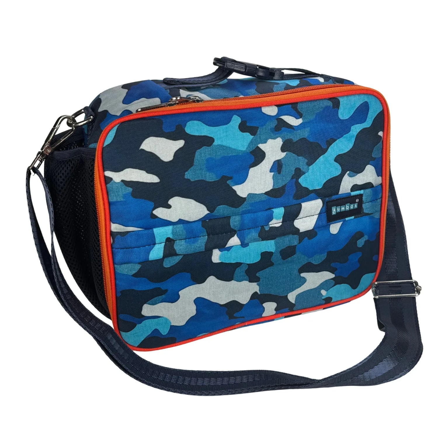 Camouflage-patterned bag with a red border on a white background