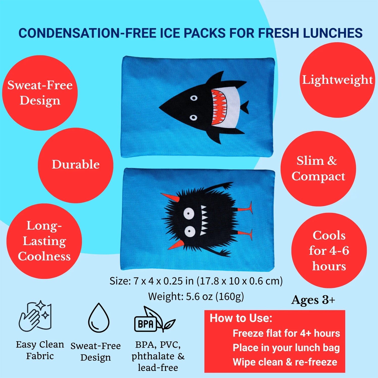Shark and monster-themed ice packs with features and usage instructions on a blue background