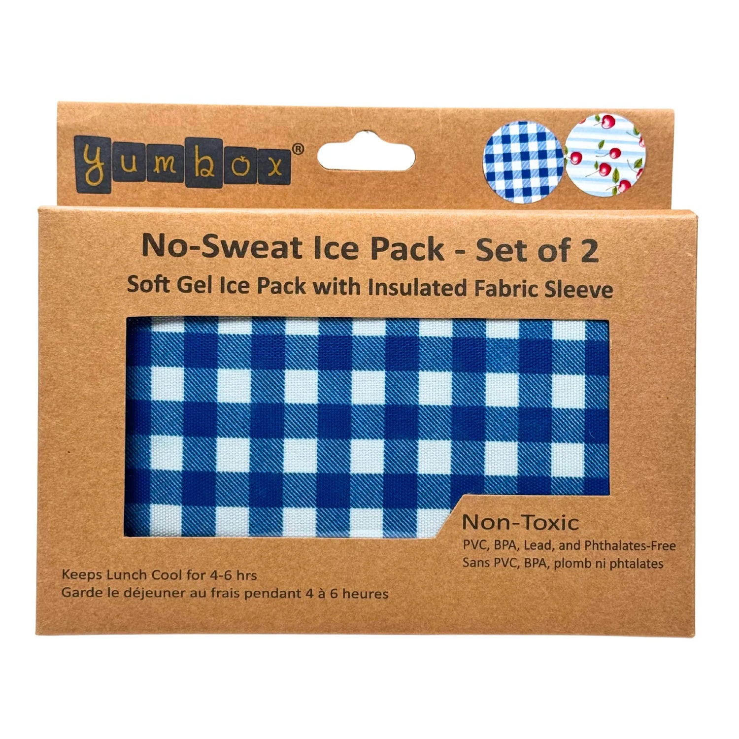 Yumbox no-sweat ice pack set with blue checkered design on brown packaging