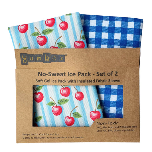 Yumbox no-sweat ice pack set with cherry and checkered design packaging