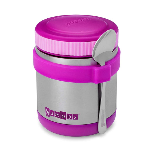Purple and silver thermos with a spoon on a white background