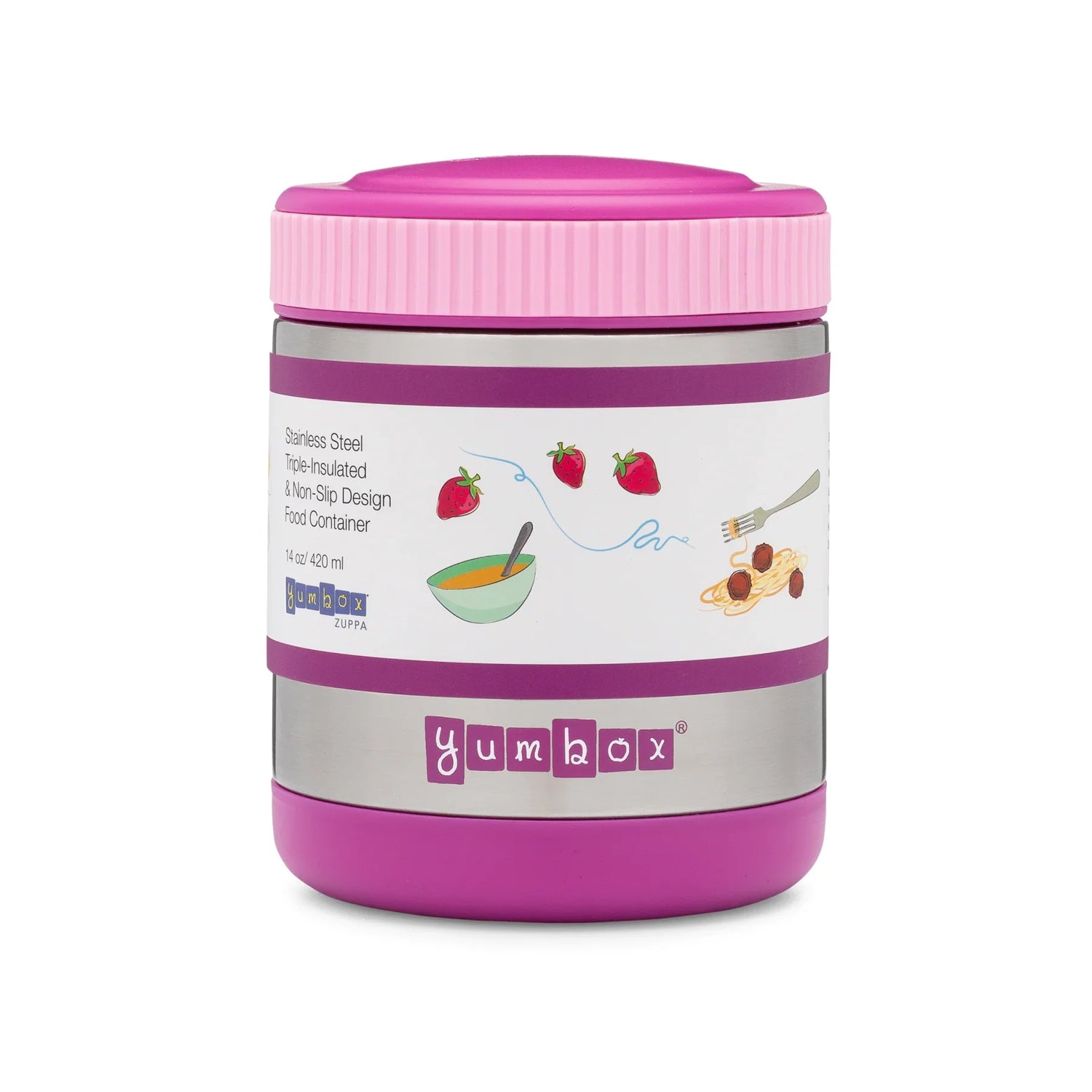 Pink and gray food container with 'gumbox' branding on a white background