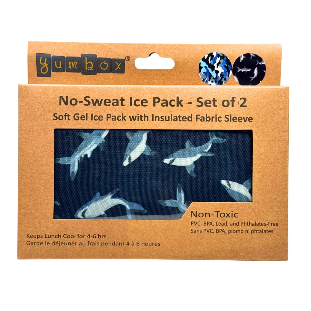 Yumbox no-sweat ice pack set with shark pattern packaging on a white background