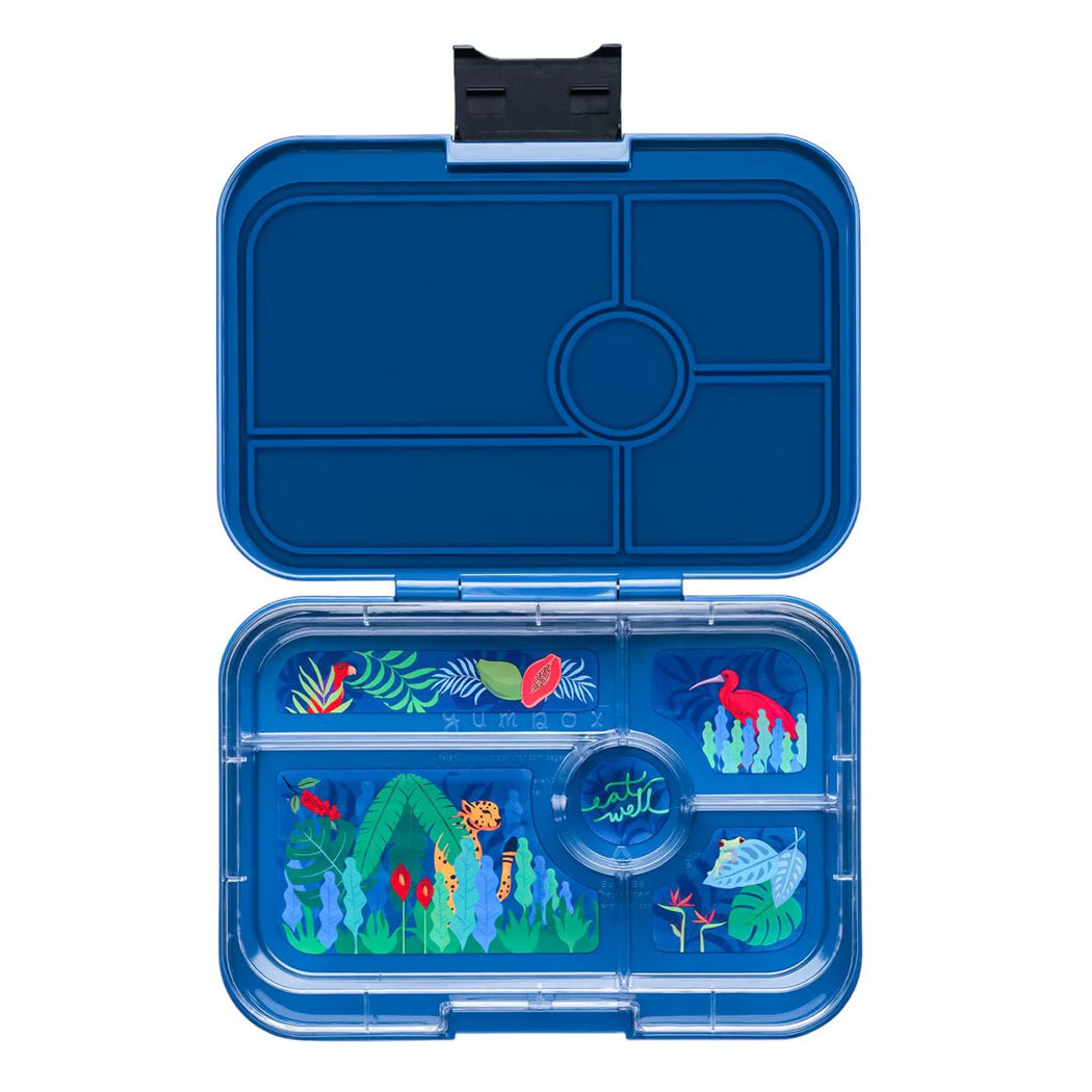 Blue compartmentalized container with colorful jungle design on a white background