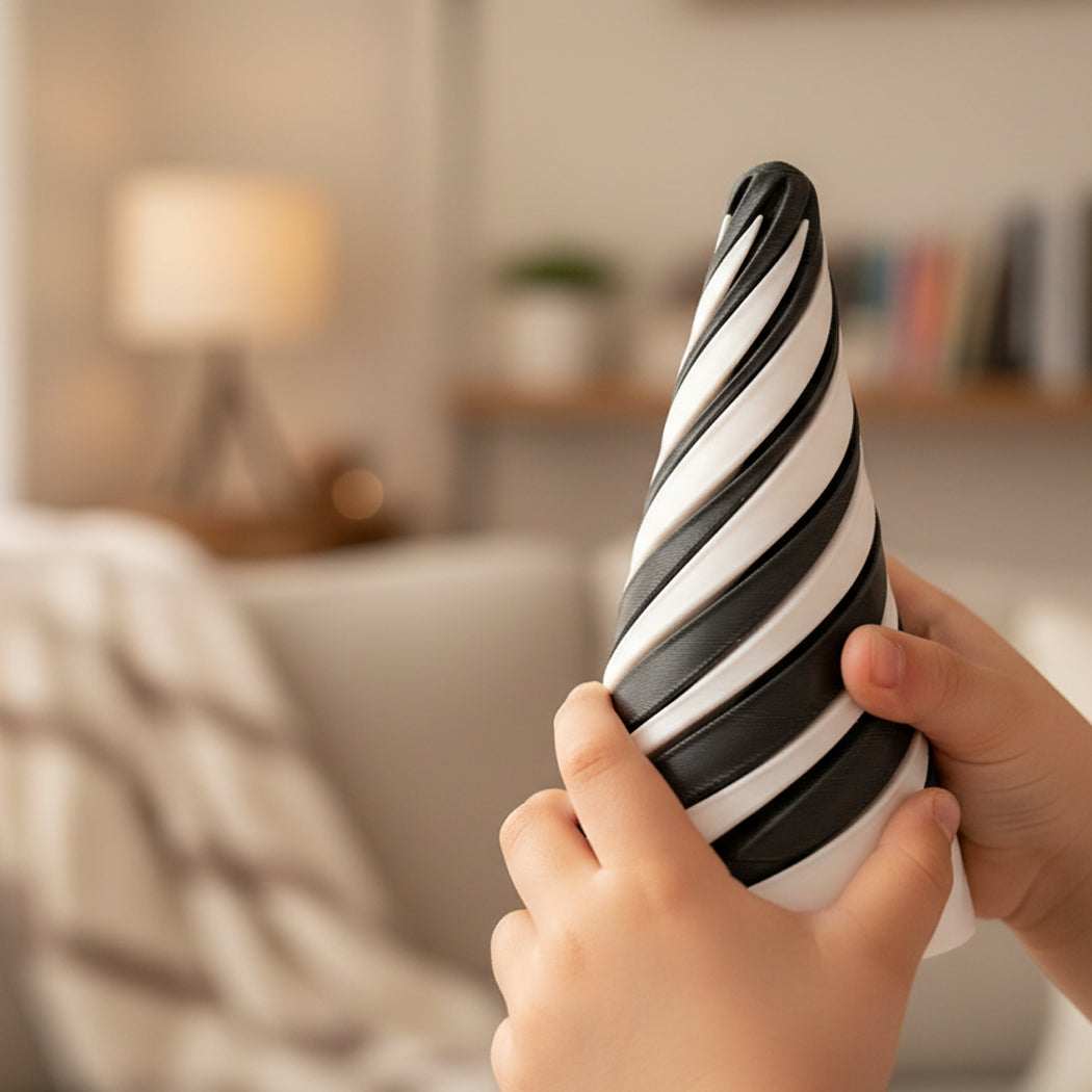 Person holding a black and white striped object in a cozy indoor setting