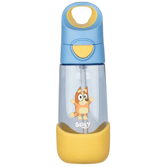 Children's water bottle with cartoon character and yellow base on a white background