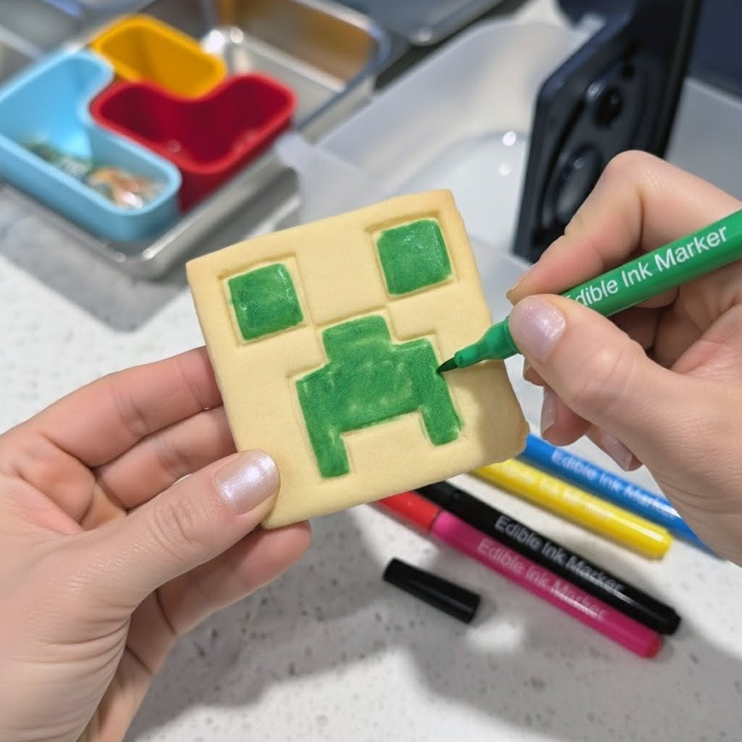 Person decorating a cookie shaped like a Minecraft creeper with markers on a kitchen counter.