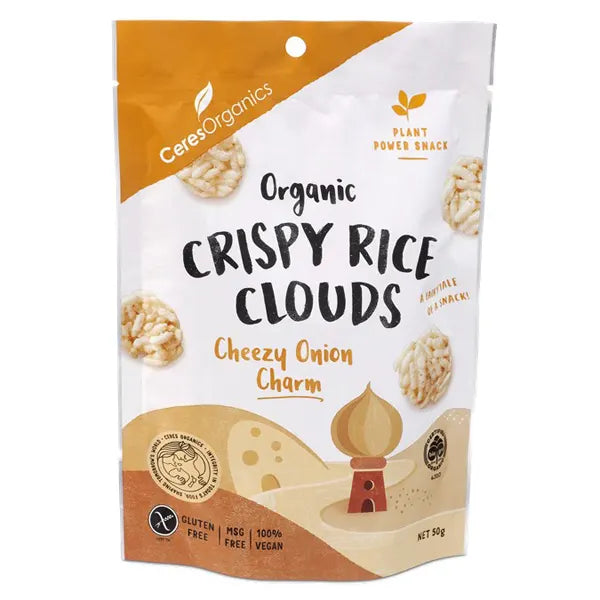 Ceres Organics, Crispy Rice Clouds, Cheezy Onion Charm, 50g - Healthy Snacks NZ