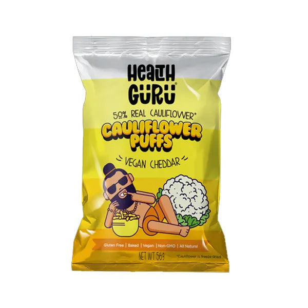 Health Guru Cauliflower Puffs, Multiple Flavours (GF/DF/V), Vegan Cheddar, 56g - Healthy Snacks NZ