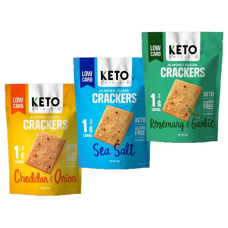 KETO Almond Flour Crackers, Multiple Flavours, 64g - Healthy Snacks NZ