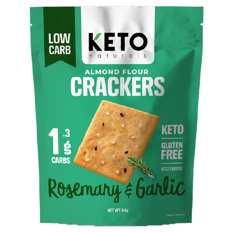 KETO Almond Flour Crackers, Rosemary & Garlic, 64g - Healthy Snacks NZ