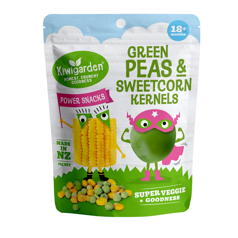 Kiwigarden, Green Peas & Sweet Corn Kernels. All natural, real freeze-dried peas and corn. Healthy Snacks NZ.